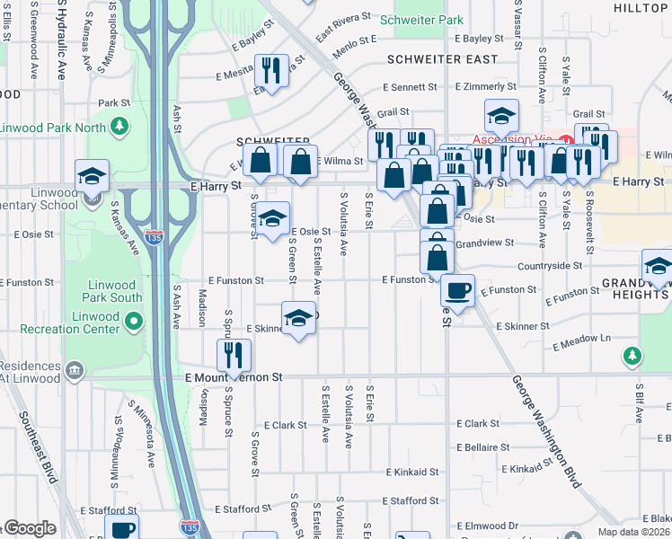 map of restaurants, bars, coffee shops, grocery stores, and more near 1720 South Volutsia Street in Wichita