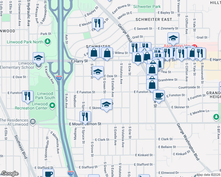 map of restaurants, bars, coffee shops, grocery stores, and more near 1721 South Estelle Street in Wichita