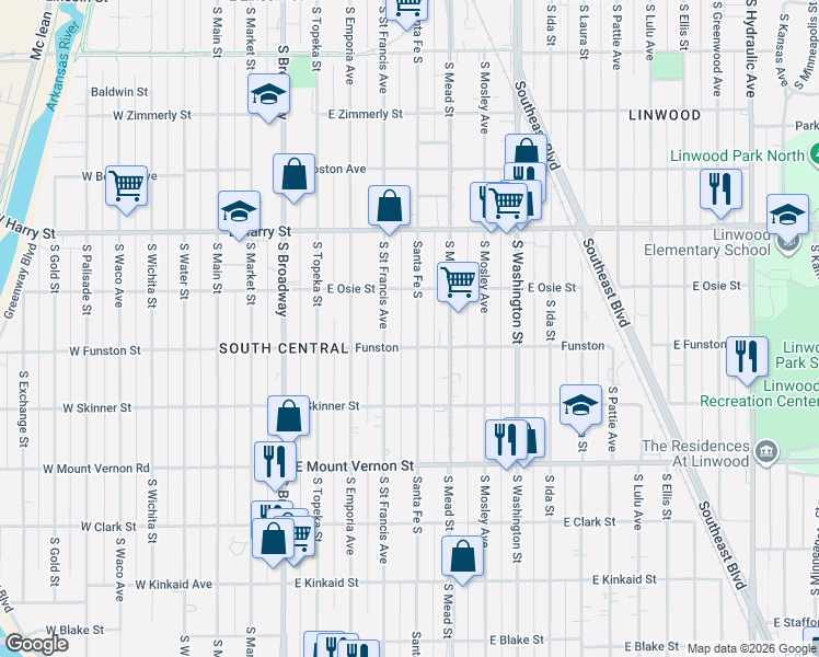 map of restaurants, bars, coffee shops, grocery stores, and more near 1715 Santa Fe South in Wichita
