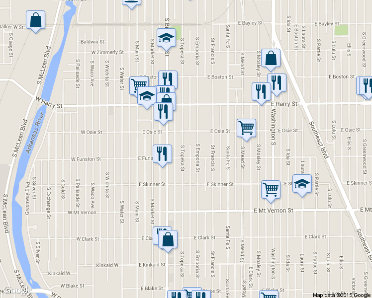 map of restaurants, bars, coffee shops, grocery stores, and more near 1715 South Emporia Avenue in Wichita