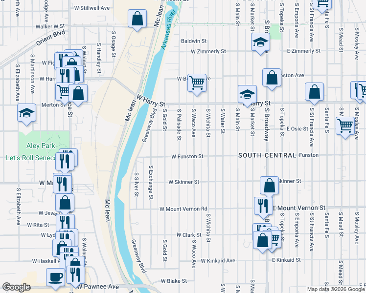 map of restaurants, bars, coffee shops, grocery stores, and more near 1711 South Waco Avenue in Wichita