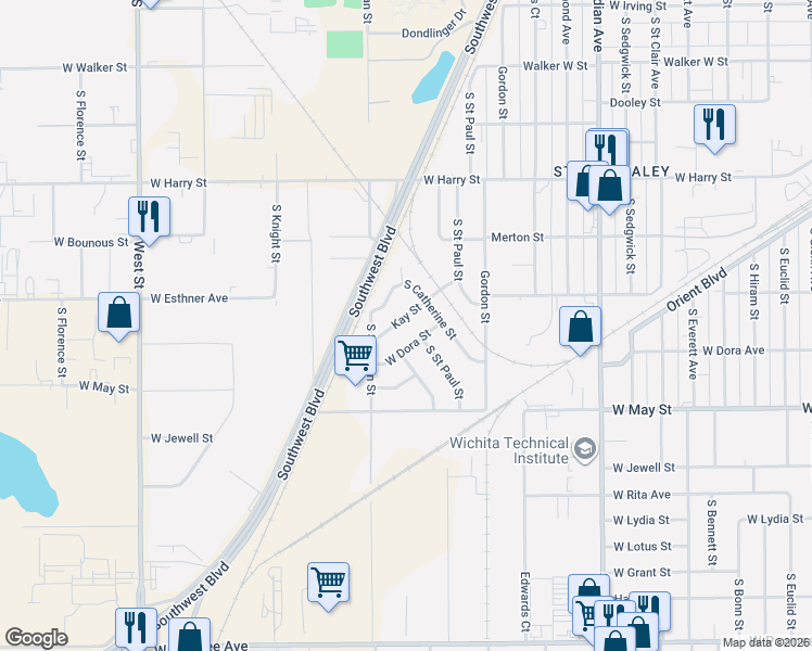 map of restaurants, bars, coffee shops, grocery stores, and more near 3014 Kay Street in Wichita