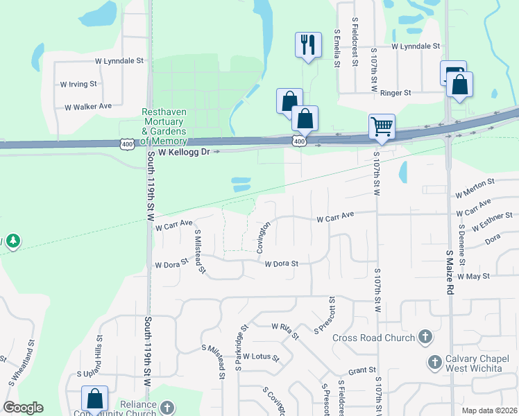 map of restaurants, bars, coffee shops, grocery stores, and more near 11334 West Carr Court in Wichita