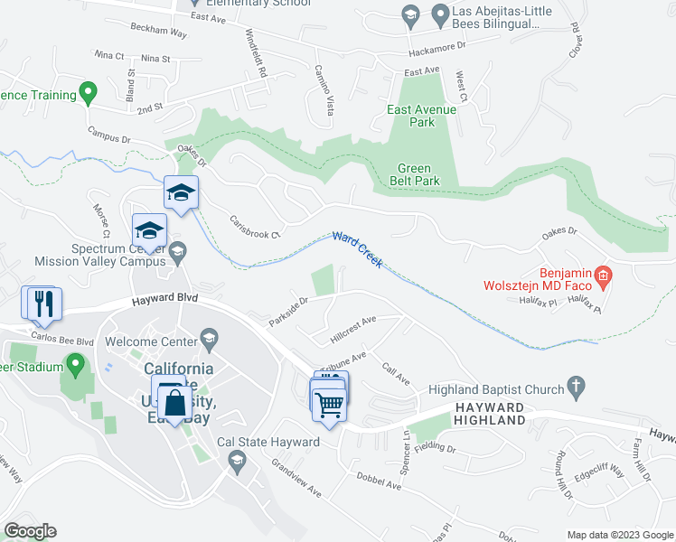 map of restaurants, bars, coffee shops, grocery stores, and more near 26212 Parkside Drive in Hayward