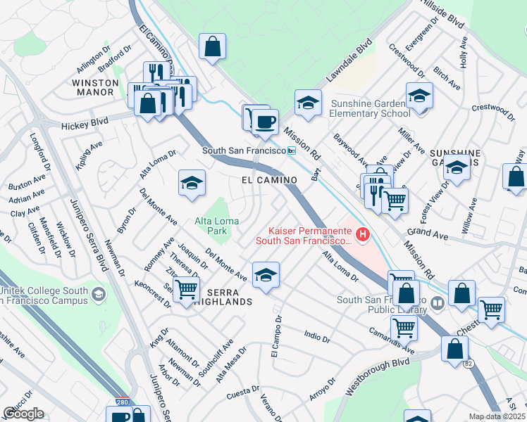 map of restaurants, bars, coffee shops, grocery stores, and more near 17 Cymbidium Circle in South San Francisco