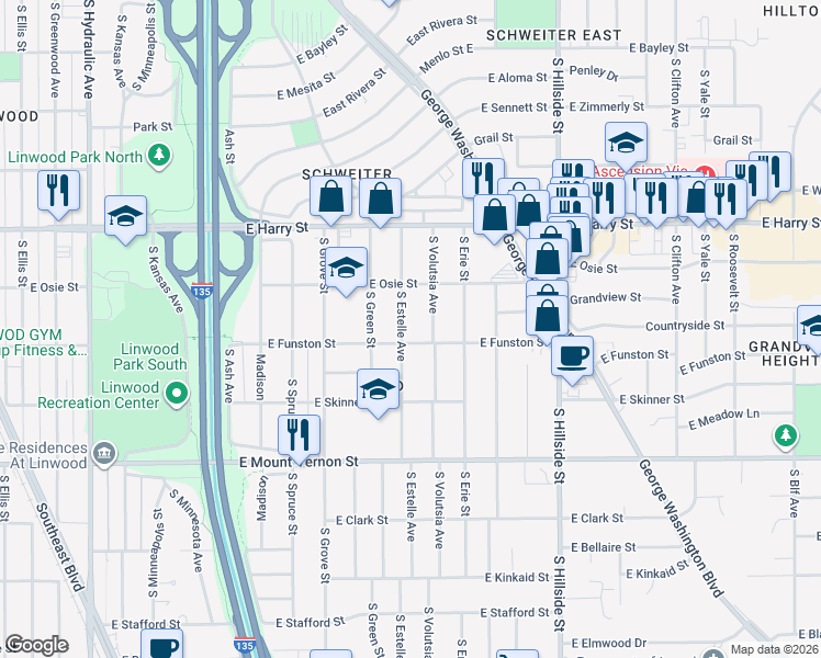 map of restaurants, bars, coffee shops, grocery stores, and more near 1721 South Estelle Street in Wichita