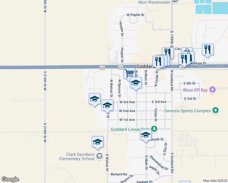 map of restaurants, bars, coffee shops, grocery stores, and more near 600 North Walnut Street in Goddard