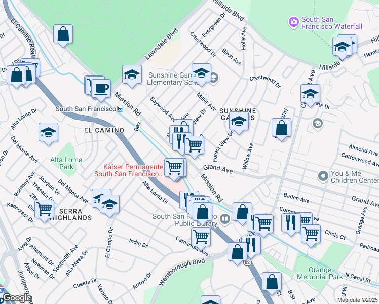 map of restaurants, bars, coffee shops, grocery stores, and more near 208 Holly Avenue in South San Francisco