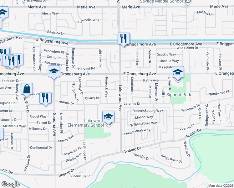 map of restaurants, bars, coffee shops, grocery stores, and more near 2909 Cache Creek Way in Modesto