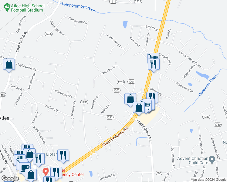 map of restaurants, bars, coffee shops, grocery stores, and more near 9341 Laurel Grove Road in Mechanicsville