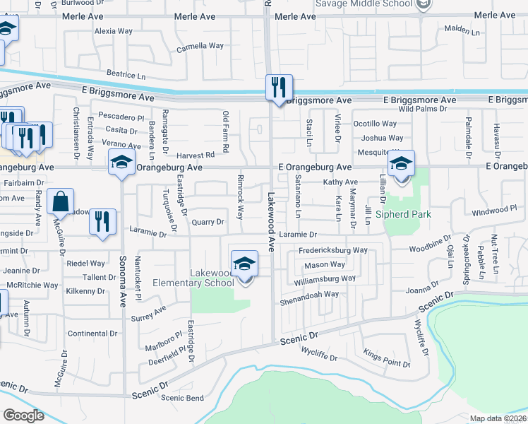 map of restaurants, bars, coffee shops, grocery stores, and more near 2909 Cache Creek Way in Modesto