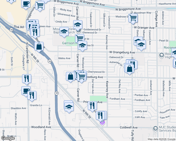 map of restaurants, bars, coffee shops, grocery stores, and more near 1609 Maplewood Drive in Modesto