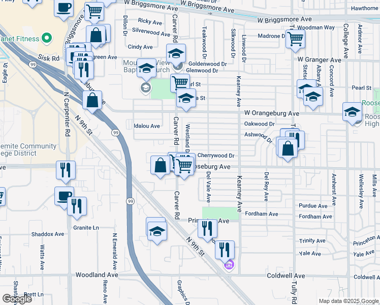 map of restaurants, bars, coffee shops, grocery stores, and more near 1638 Clayton Avenue in Modesto