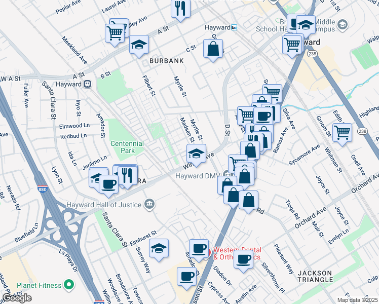 map of restaurants, bars, coffee shops, grocery stores, and more near 681 Macabee Way in Hayward