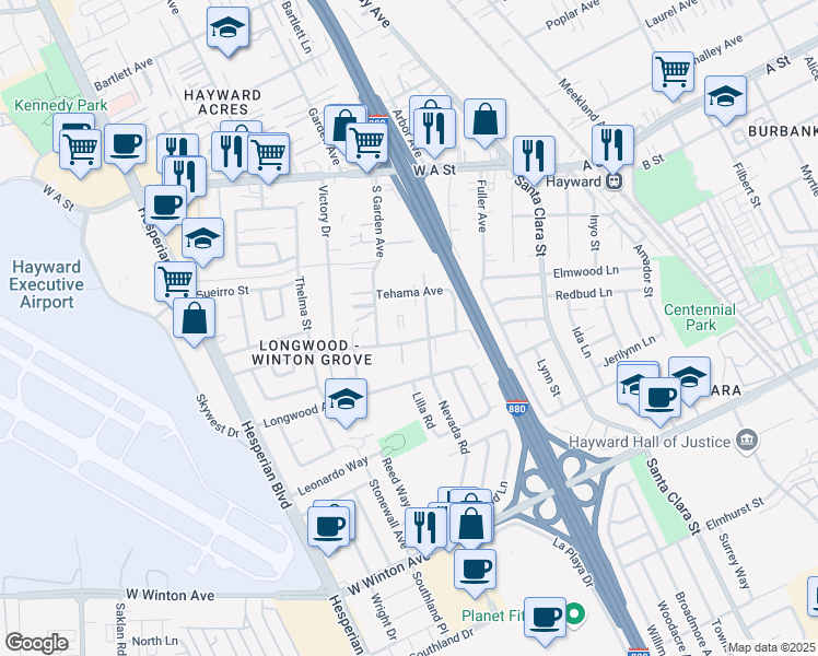 map of restaurants, bars, coffee shops, grocery stores, and more near 688 Tehama Avenue in Hayward