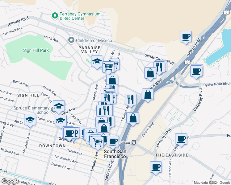 map of restaurants, bars, coffee shops, grocery stores, and more near 910 Linden Avenue in South San Francisco
