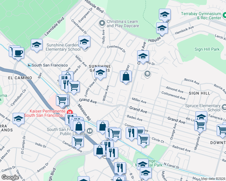 map of restaurants, bars, coffee shops, grocery stores, and more near 328 Susie Way in South San Francisco