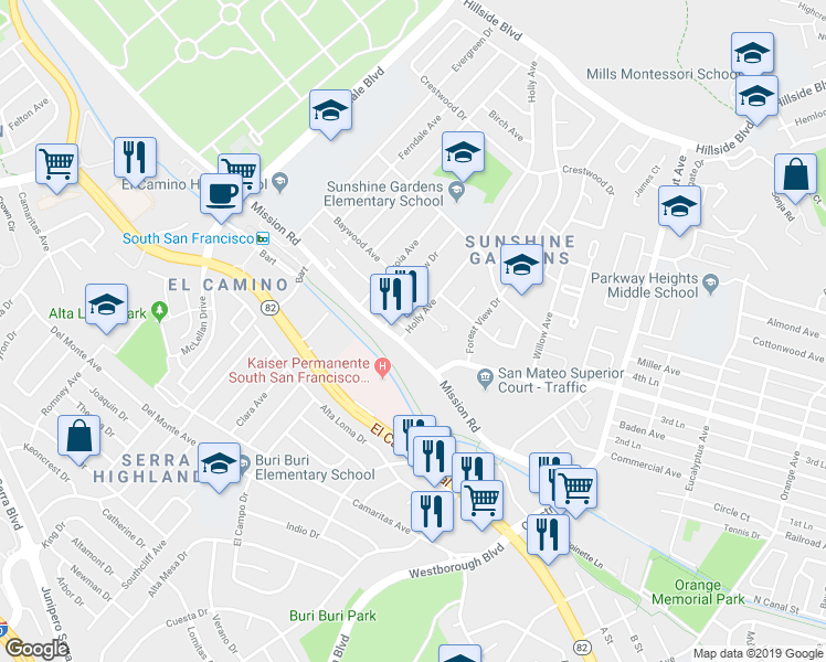 map of restaurants, bars, coffee shops, grocery stores, and more near 1 Villa Court in South San Francisco