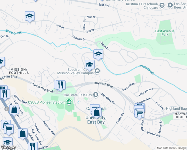 map of restaurants, bars, coffee shops, grocery stores, and more near 2021 Highland Boulevard in Hayward