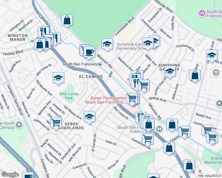 map of restaurants, bars, coffee shops, grocery stores, and more near 1400 El Camino Real in South San Francisco