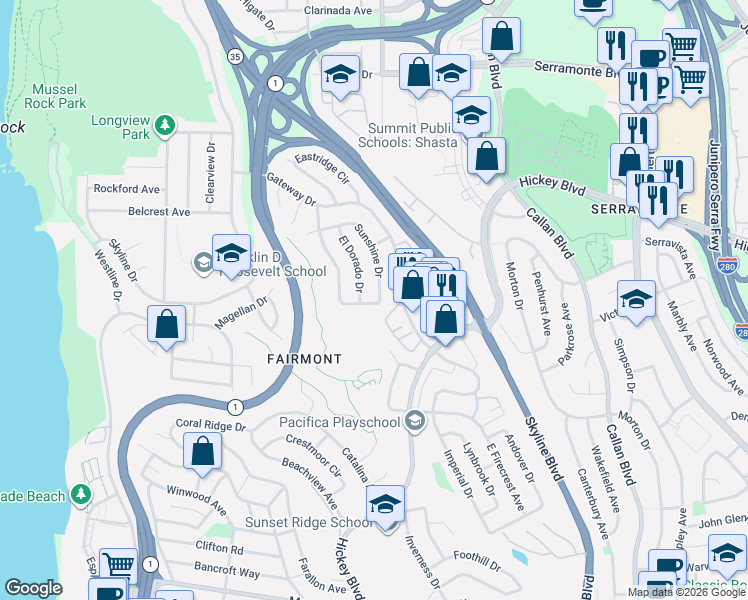 map of restaurants, bars, coffee shops, grocery stores, and more near 295 Edgewood Drive in Pacifica