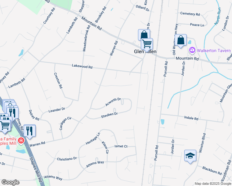 map of restaurants, bars, coffee shops, grocery stores, and more near 10518 Hamilton Road in Glen Allen