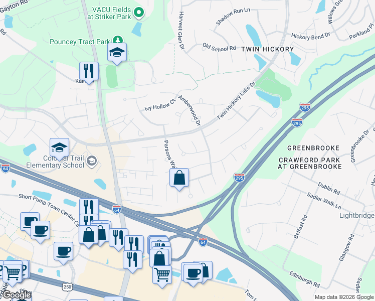 map of restaurants, bars, coffee shops, grocery stores, and more near 11808 Cobblers Stone Place in Glen Allen