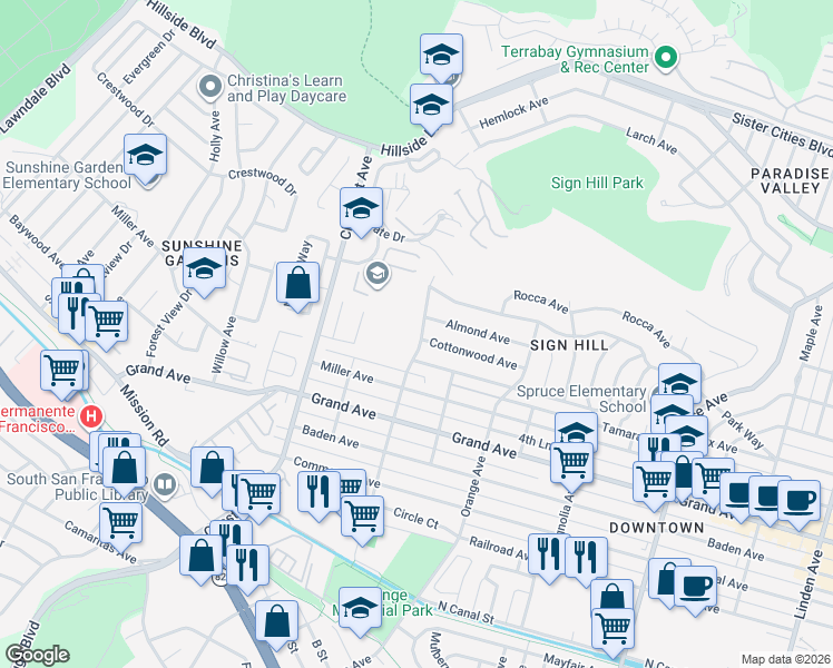 map of restaurants, bars, coffee shops, grocery stores, and more near 517 Eucalyptus Avenue in South San Francisco