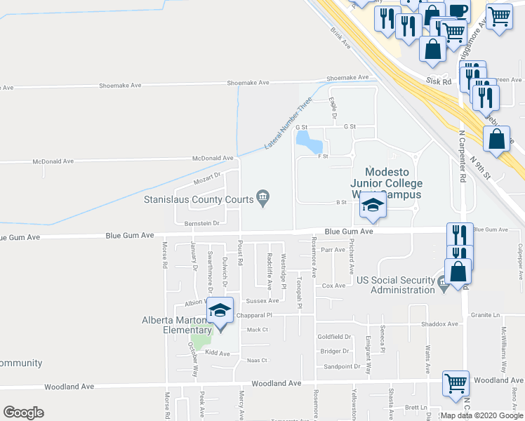 map of restaurants, bars, coffee shops, grocery stores, and more near 2215 Blue Gum Avenue in Modesto