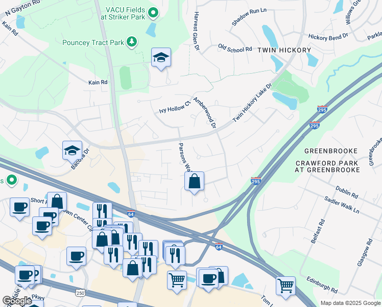map of restaurants, bars, coffee shops, grocery stores, and more near 5241 Cobblers Stone Court in Glen Allen