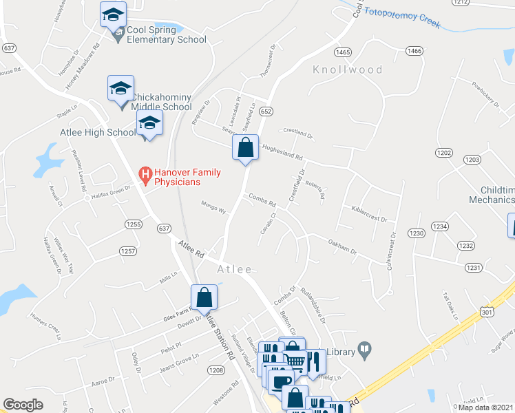 map of restaurants, bars, coffee shops, grocery stores, and more near 9334 Cool Spring Road in Mechanicsville