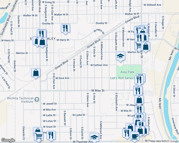 map of restaurants, bars, coffee shops, grocery stores, and more near 1808 South Glenn Avenue in Wichita