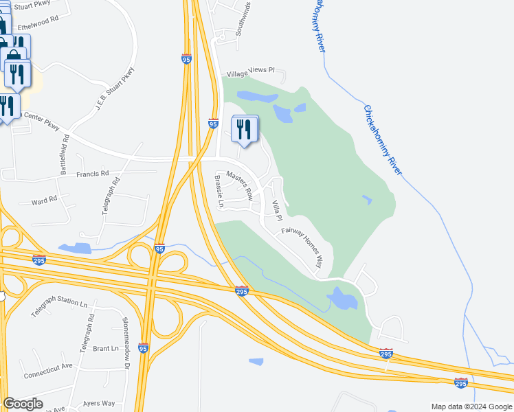 map of restaurants, bars, coffee shops, grocery stores, and more near 9301 Baffy Court in Glen Allen