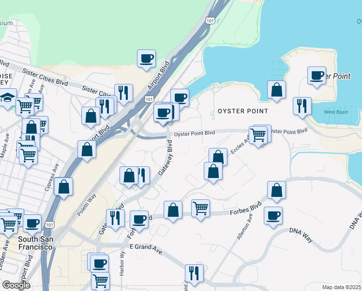 map of restaurants, bars, coffee shops, grocery stores, and more near 1000 Gateway Boulevard in South San Francisco