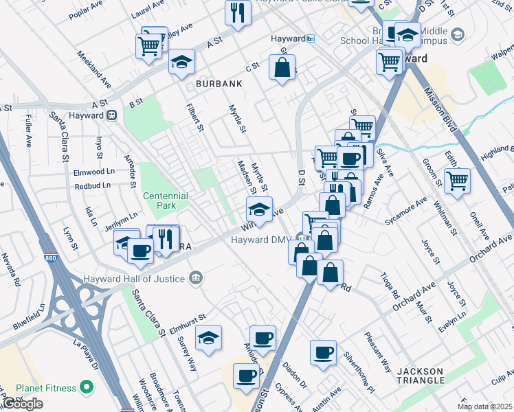 map of restaurants, bars, coffee shops, grocery stores, and more near 681 Macabee Way in Hayward