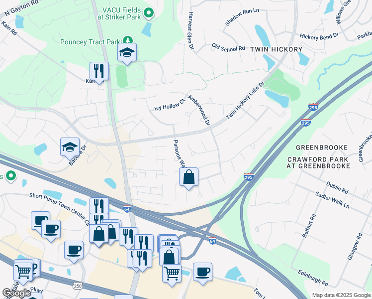 map of restaurants, bars, coffee shops, grocery stores, and more near 5241 Cobblers Stone Court in Glen Allen