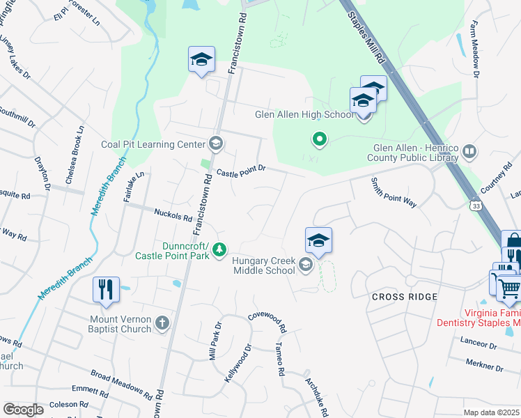 map of restaurants, bars, coffee shops, grocery stores, and more near 9009 Merlin Court in Glen Allen