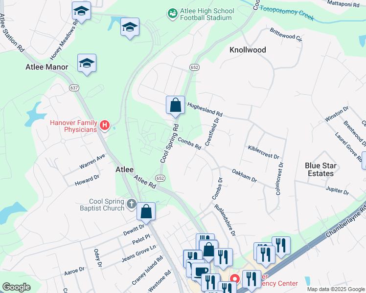 map of restaurants, bars, coffee shops, grocery stores, and more near 9334 Cool Spring Road in Mechanicsville