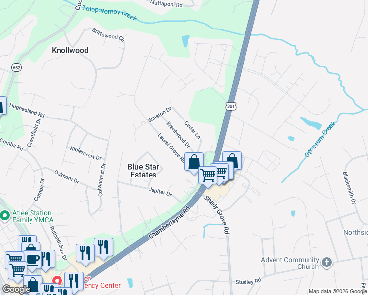 map of restaurants, bars, coffee shops, grocery stores, and more near 9331 Brentwood Drive in Mechanicsville