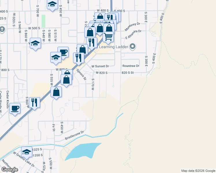 map of restaurants, bars, coffee shops, grocery stores, and more near 878 S 25 West in Cedar City