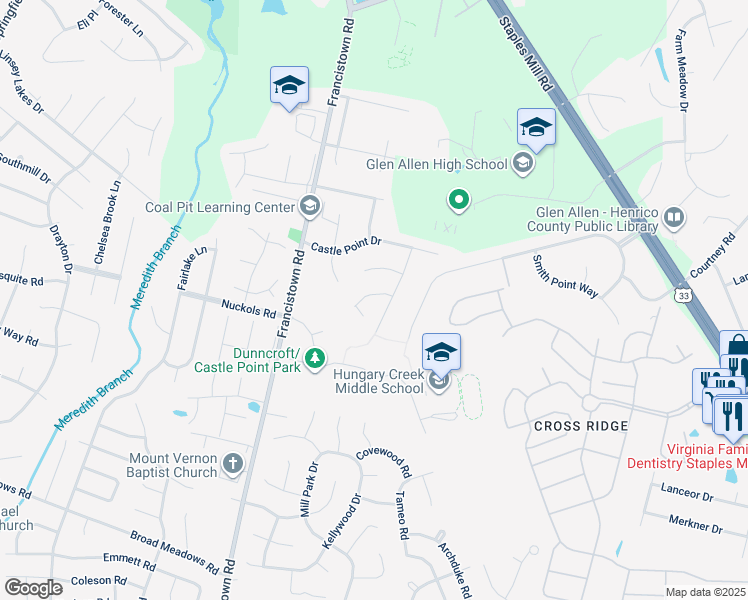 map of restaurants, bars, coffee shops, grocery stores, and more near 9009 Merlin Court in Glen Allen