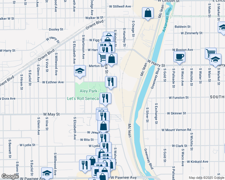 map of restaurants, bars, coffee shops, grocery stores, and more near 1802 1/2 South Seneca Street in Wichita