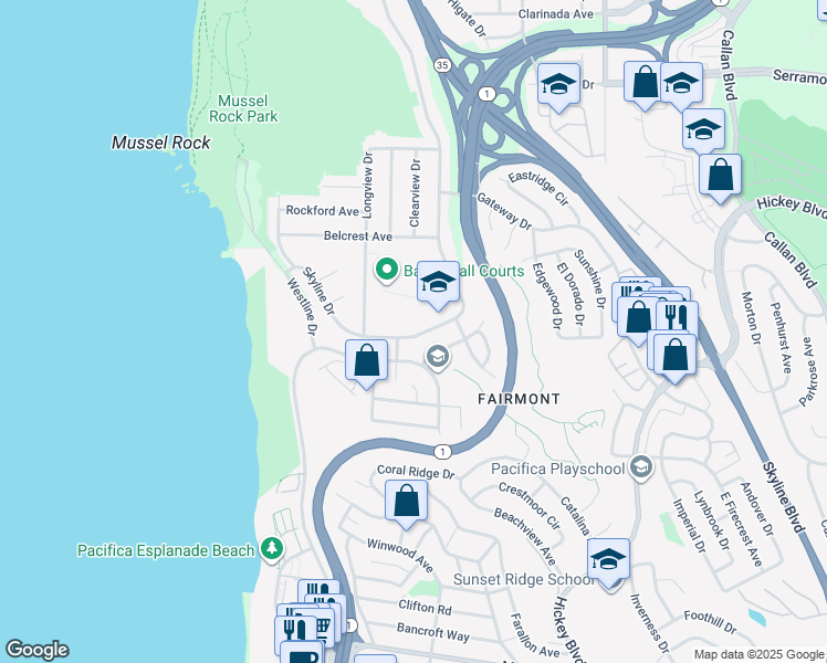 map of restaurants, bars, coffee shops, grocery stores, and more near 1248 Skyline Drive in Daly City