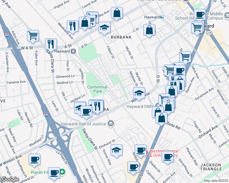 map of restaurants, bars, coffee shops, grocery stores, and more near 622 Moss Way in Hayward