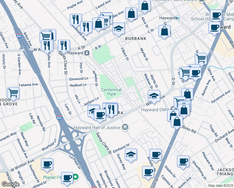 map of restaurants, bars, coffee shops, grocery stores, and more near 24000 Amador Street in Hayward