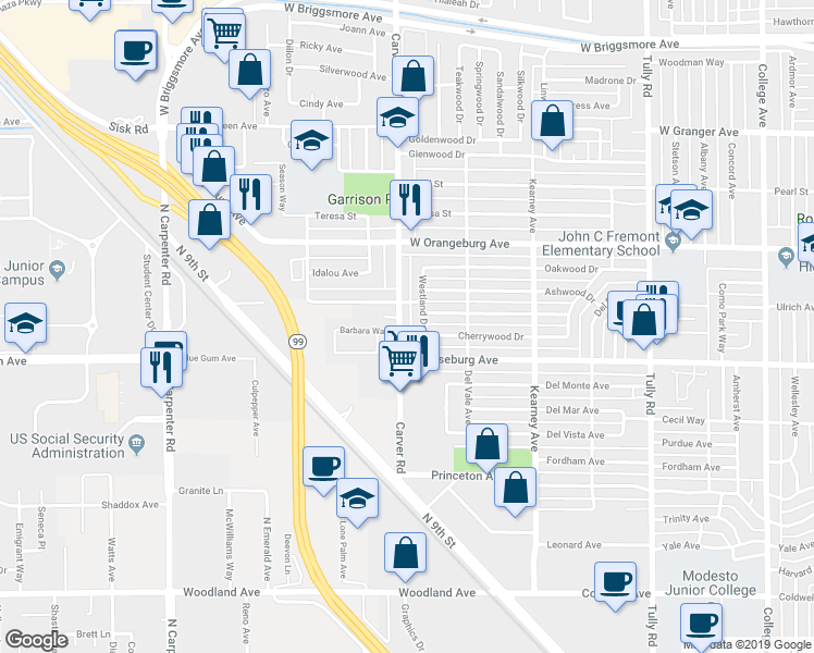 map of restaurants, bars, coffee shops, grocery stores, and more near 1638 Clayton Avenue in Modesto