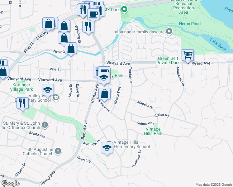 map of restaurants, bars, coffee shops, grocery stores, and more near 3399 Norton Way in Pleasanton