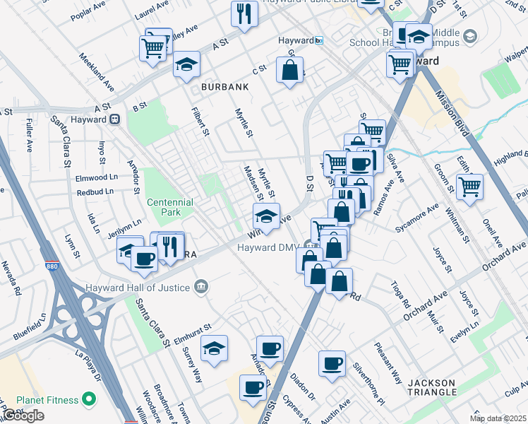 map of restaurants, bars, coffee shops, grocery stores, and more near 681 Macabee Way in Hayward