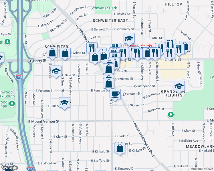 map of restaurants, bars, coffee shops, grocery stores, and more near 1751-1795 South Hillside Street in Wichita