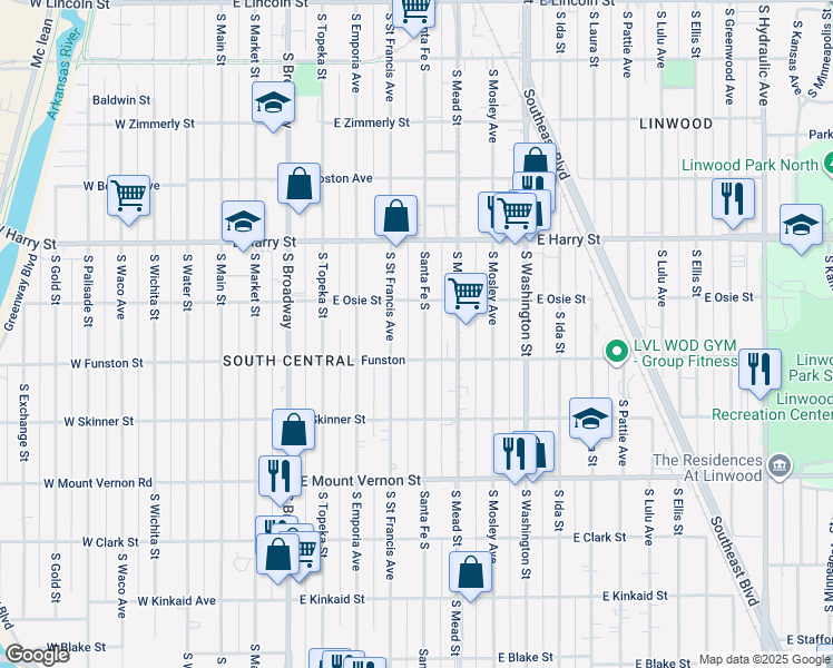 map of restaurants, bars, coffee shops, grocery stores, and more near 1715 Santa Fe South in Wichita
